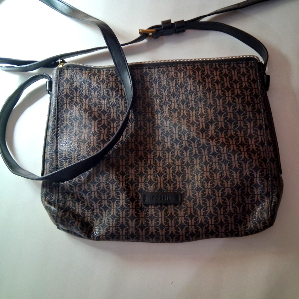 Fossil Black and Brown Monogram Crossbody Leather Bag